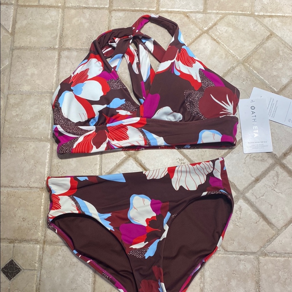 Athleta NWT plunge bikini top A-C and NWOT bottoms. Maroon floral. Size small.